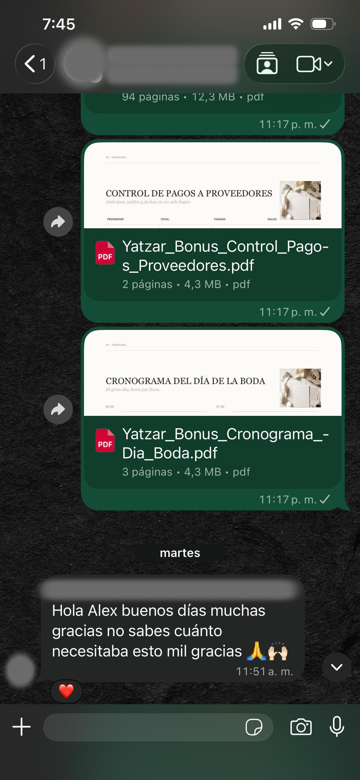 Captura anonimizada de una opinión recibida por WhatsApp