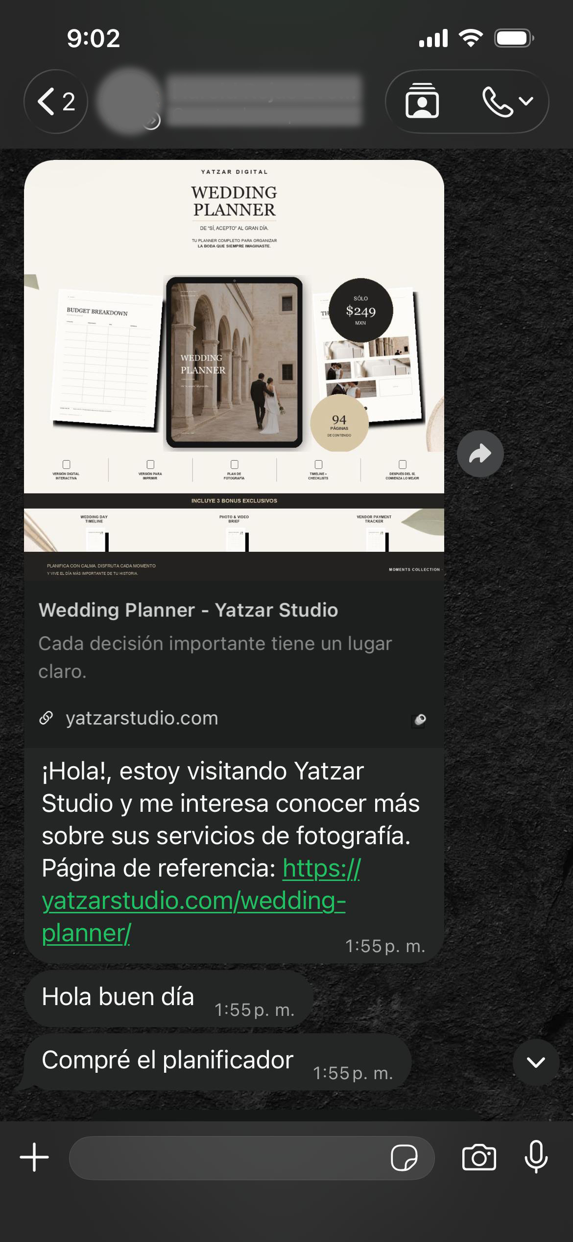 Captura anonimizada de la compra del Planificador de Boda